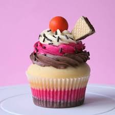 Image of a colorful pink and beige cupcake