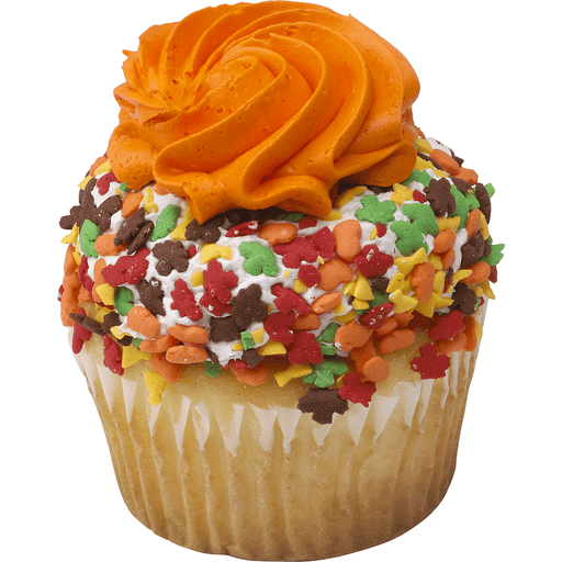 Image of a vanilla cupcake with fall-themed sprinkles
